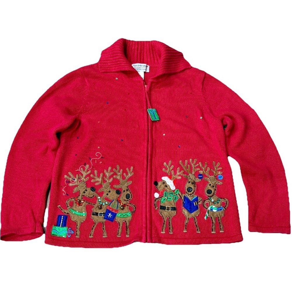 Vintage‎ Tiara International Knit Sweater Womens Medium Red Christmas Reindeers